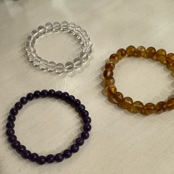 Jewelry - 3 Beaded Stretch Bracelets - Golden Healer, Clear Quartz, and Lepidolite